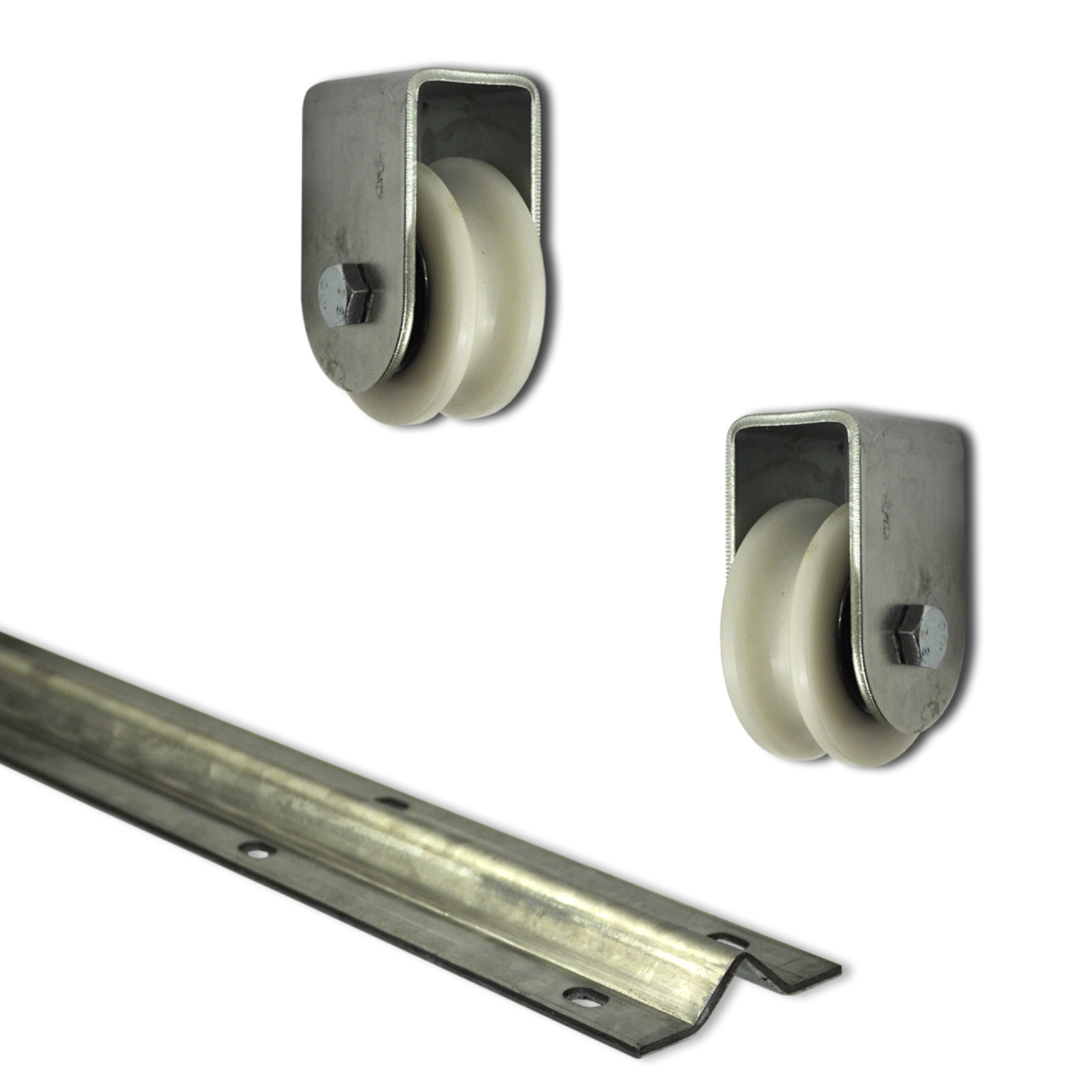 30106x2-30202x1_galerie 3m Schiene Spitzprofil + Nylonrollen Ø 75mm